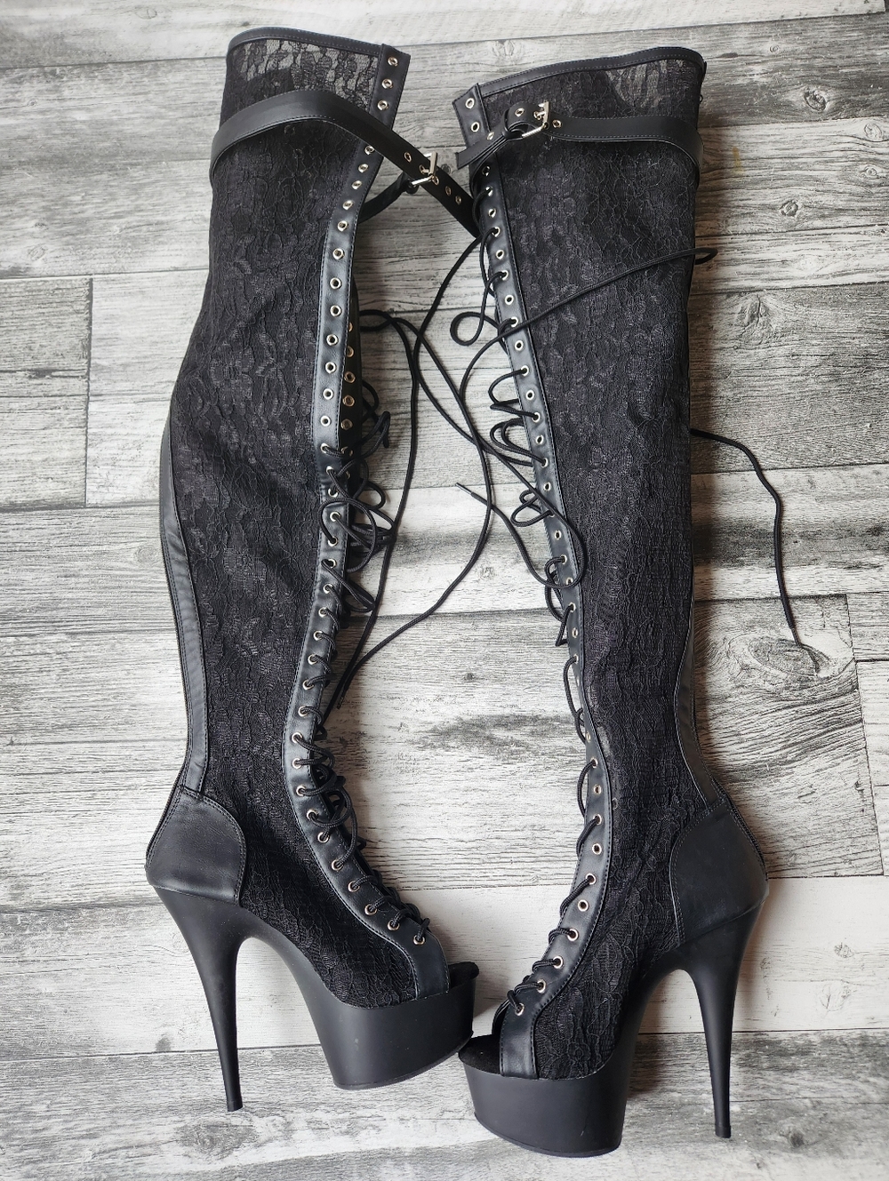 Pleaser Delight 3025ML Thigh High Platform Boots Black Lace Size 8